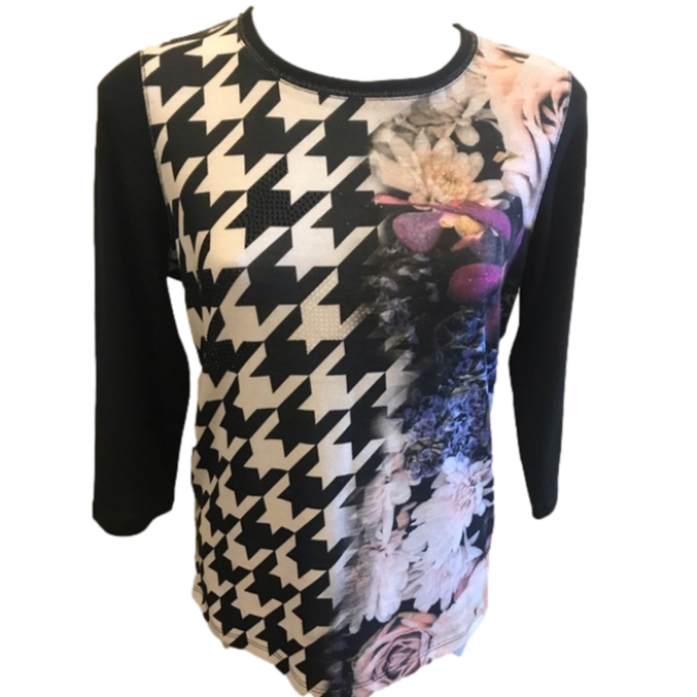Emile Crewneck Rhinestone Black White Floral Top size Medium